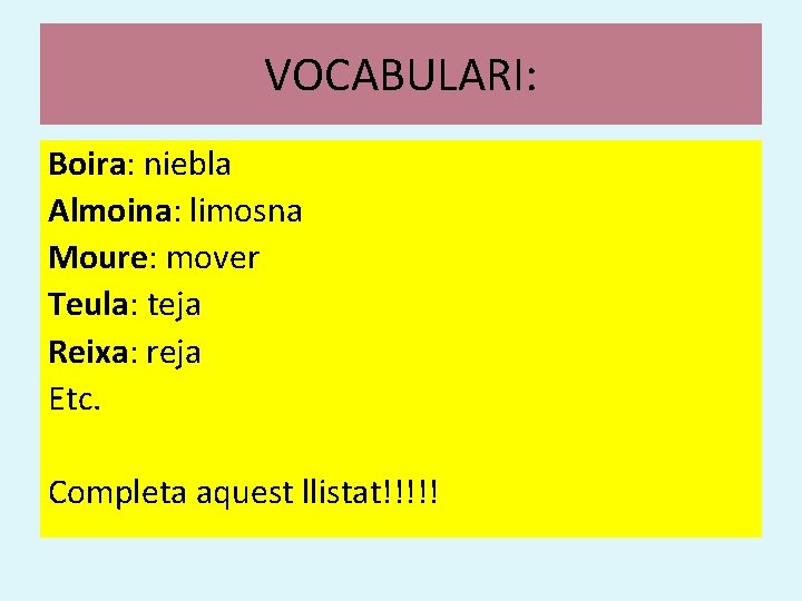 VOCABULARI: Boira: niebla Almoina: limosna Moure: mover Teula: teja Reixa: reja Etc. Completa aquest