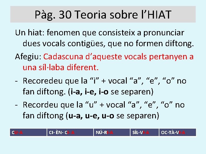 Pàg. 30 Teoria sobre l’HIAT Un hiat: fenomen que consisteix a pronunciar dues vocals