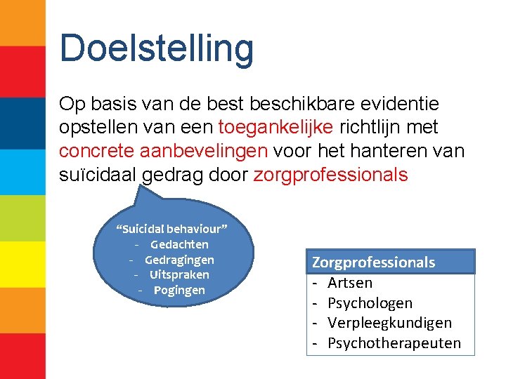 Doelstelling Op basis van de best beschikbare evidentie opstellen van een toegankelijke richtlijn met