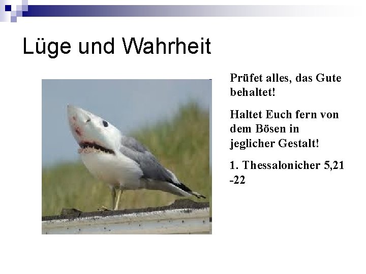 Lüge und Wahrheit Prüfet alles, das Gute behaltet! Haltet Euch fern von dem Bösen Lüge und Wahrheit Prüfet alles, das Gute behaltet! Haltet Euch fern von dem Bösen