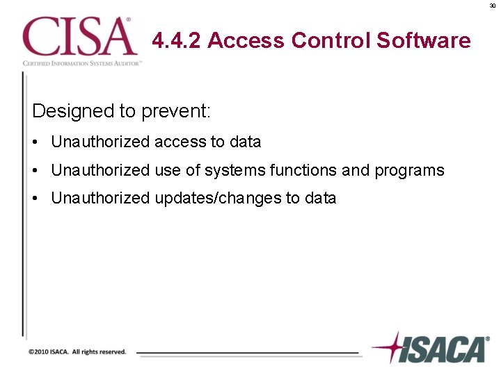 30 4. 4. 2 Access Control Software Designed to prevent: • Unauthorized access to