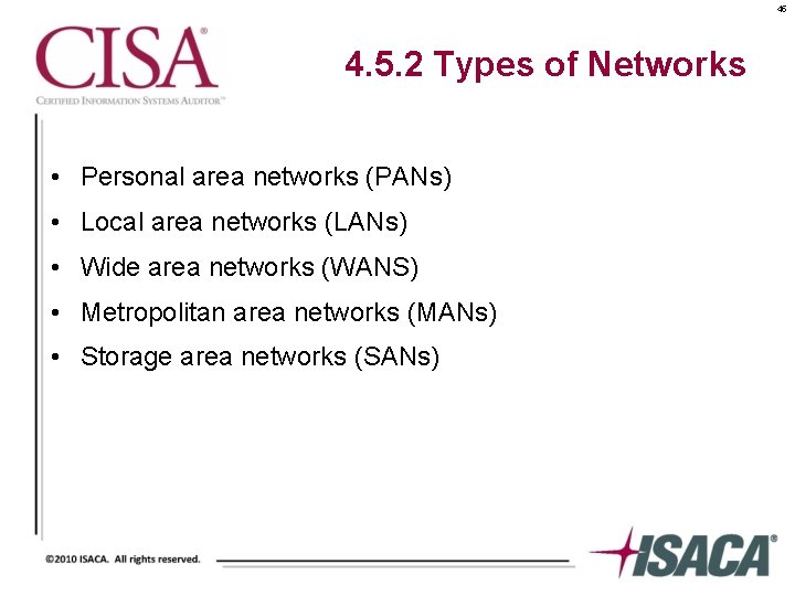 45 4. 5. 2 Types of Networks • Personal area networks (PANs) • Local