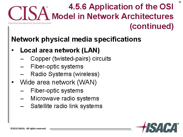 4. 5. 6 Application of the OSI Model in Network Architectures (continued) Network physical