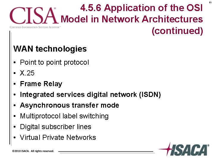 4. 5. 6 Application of the OSI Model in Network Architectures (continued) WAN technologies