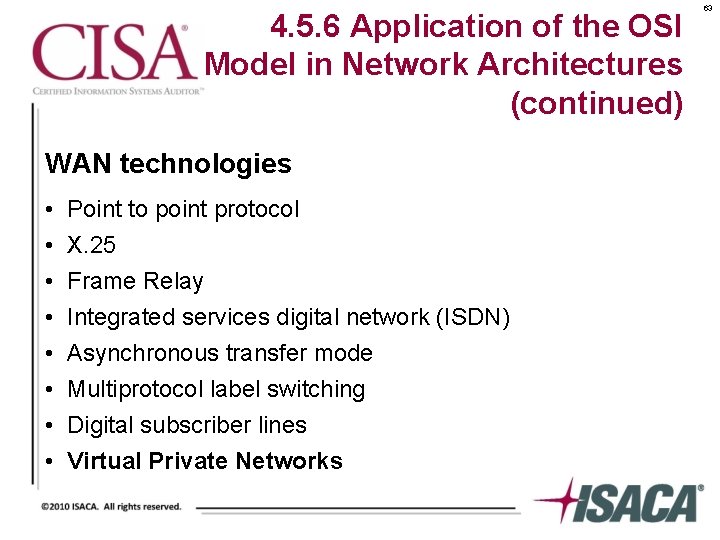 4. 5. 6 Application of the OSI Model in Network Architectures (continued) WAN technologies