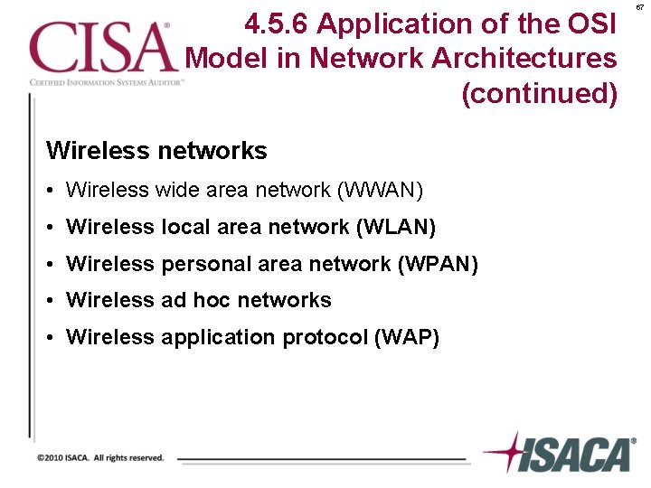 4. 5. 6 Application of the OSI Model in Network Architectures (continued) Wireless networks