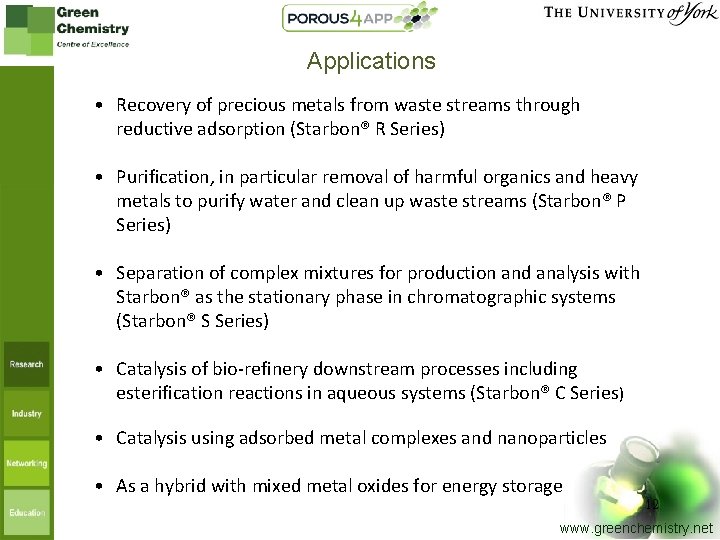 Applications • Recovery of precious metals from waste streams through reductive adsorption (Starbon® R