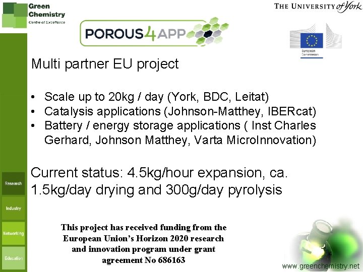 Multi partner EU project • Scale up to 20 kg / day (York, BDC,