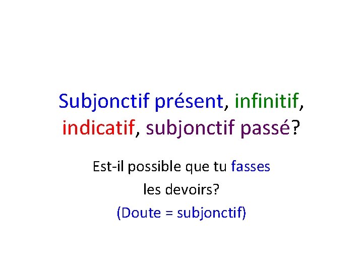 Subjonctif présent, infinitif, indicatif, subjonctif passé? Est-il possible que tu fasses les devoirs? (Doute