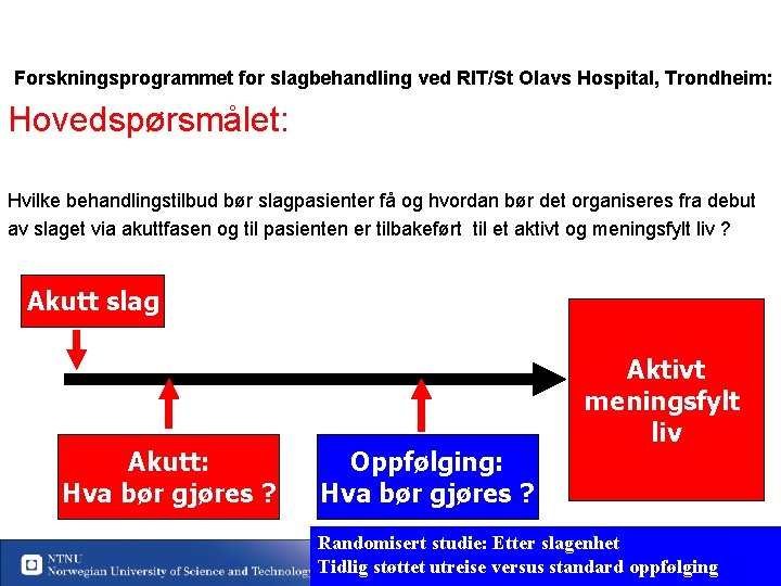  Forskningsprogrammet for slagbehandling ved RIT/St Olavs Hospital, Trondheim: Hovedspørsmålet: Hvilke behandlingstilbud bør slagpasienter