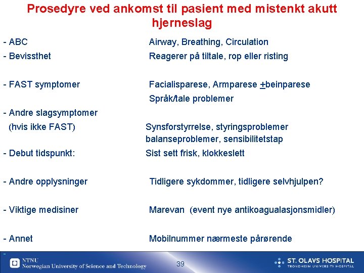 Prosedyre ved ankomst til pasient med mistenkt akutt hjerneslag - ABC Airway, Breathing, Circulation