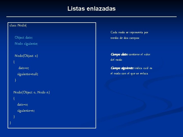 Listas enlazadas class Nodo{ Object dato; Nodo siguiente; { Nodo(Object o) Campo dato: contiene