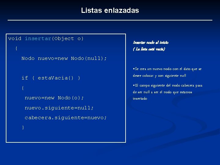 Listas enlazadas void insertar(Object o) { Insertar nodo al inicio ( La lista está