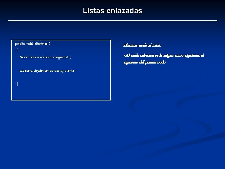 Listas enlazadas public void eliminar() { Nodo borrar=cabecera. siguiente; cabecera. siguiente=borrar. siguiente; } Eliminar