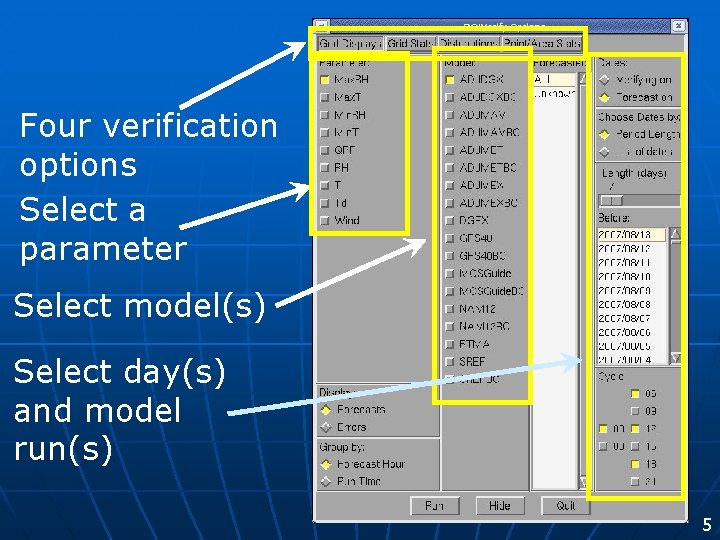 Four verification options Select a parameter Select model(s) Select day(s) and model run(s) 5