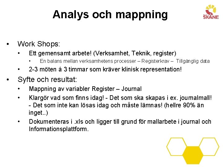 Analys och mappning • Work Shops: • Ett gemensamt arbete! (Verksamhet, Teknik, register) •