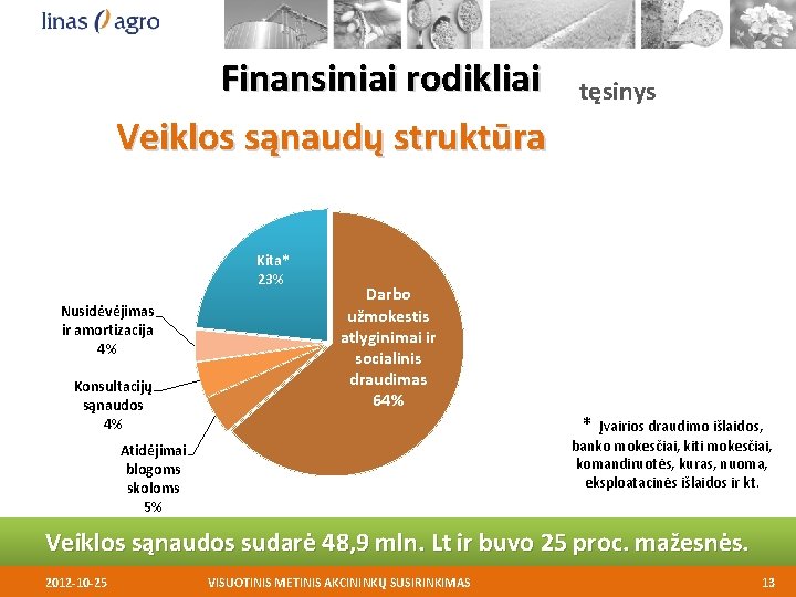 Finansiniai rodikliai Veiklos sąnaudų struktūra Kita* 23% Nusidėvėjimas ir amortizacija 4% Konsultacijų sąnaudos 4%