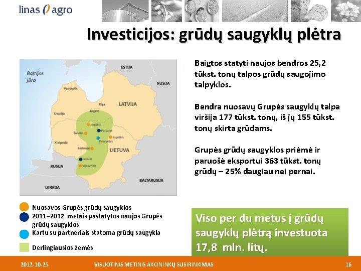 Investicijos: grūdų saugyklų plėtra Baigtos statyti naujos bendros 25, 2 tūkst. tonų talpos grūdų