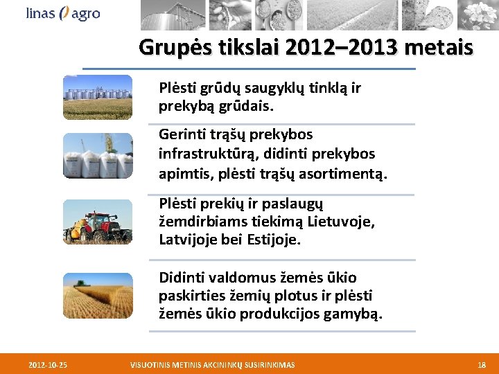 Grupės tikslai 2012– 2013 metais Plėsti grūdų saugyklų tinklą ir prekybą grūdais. Gerinti trąšų