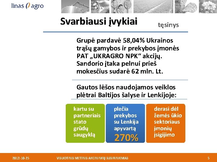 Svarbiausi įvykiai tęsinys Grupė pardavė 58, 04% Ukrainos trąšų gamybos ir prekybos įmonės PAT