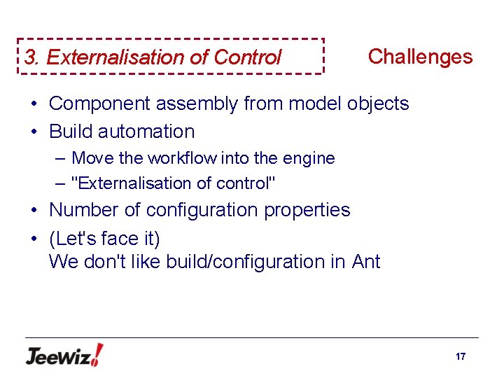 3. Externalisation of Control Challenges • Component assembly from model objects • Build automation