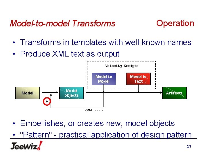 Operation Model-to-model Transforms • Transforms in templates with well-known names • Produce XML text