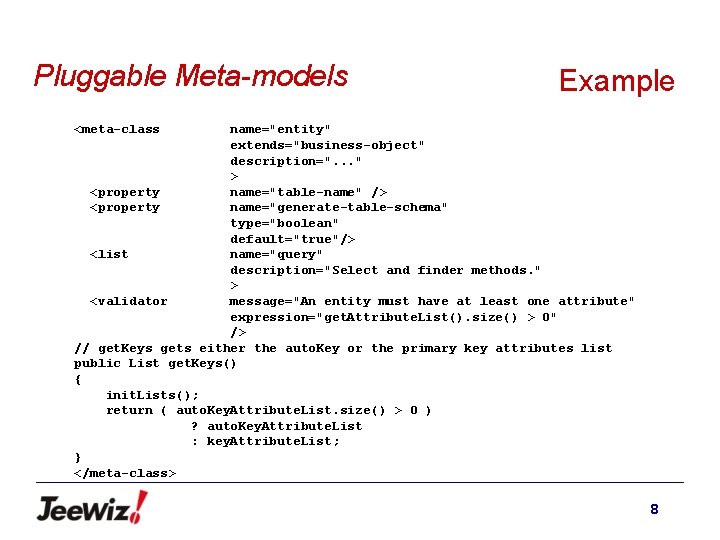 Pluggable Meta-models Example <meta-class name="entity" extends="business-object" description=". . . " > <property name="table-name" />