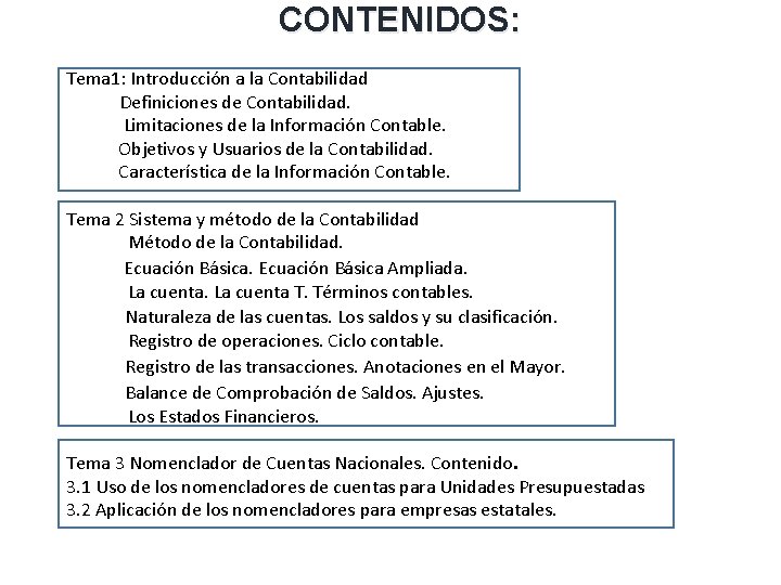CONTENIDOS: Tema 1: Introducción a la Contabilidad Definiciones de Contabilidad. Limitaciones de la Información