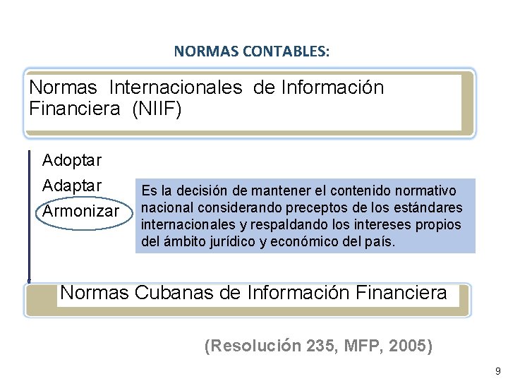 NORMAS CONTABLES: Normas Internacionales de Información Financiera (NIIF) Adoptar Adaptar Es la decisión de