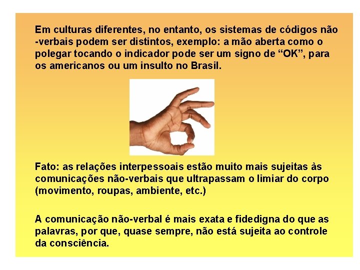 Em culturas diferentes, no entanto, os sistemas de códigos não -verbais podem ser distintos,