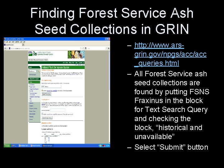 Finding Forest Service Ash Seed Collections in GRIN – http: //www. arsgrin. gov/npgs/acc _queries.