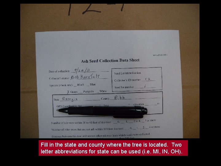 Fill in the state and county where the tree is located. Two letter abbreviations