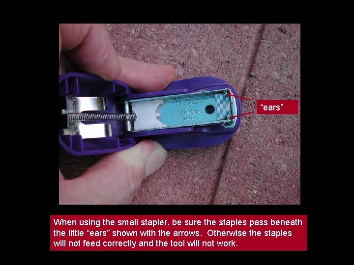 “ears” When using the small stapler, be sure the staples pass beneath the little