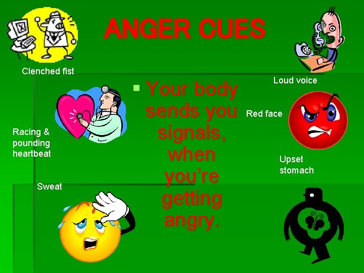 ANGER CUES Clenched fist Racing & pounding heartbeat Sweat § Your body sends you