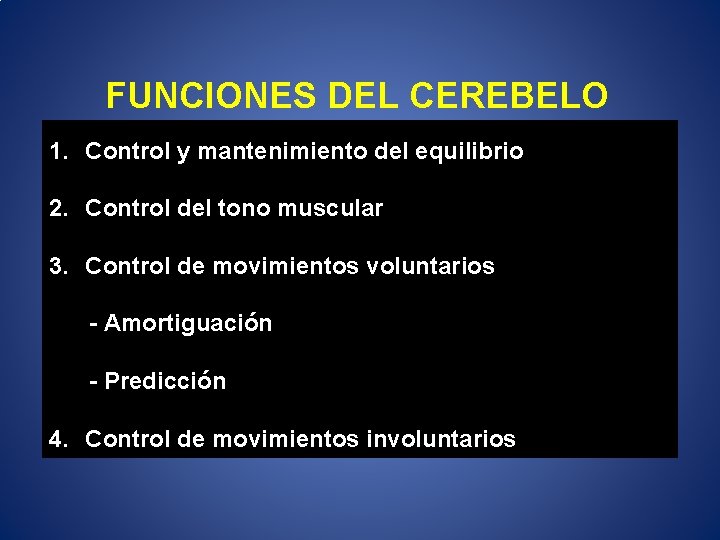 FUNCIONES DEL CEREBELO 1. Control y mantenimiento del equilibrio 2. Control del tono muscular