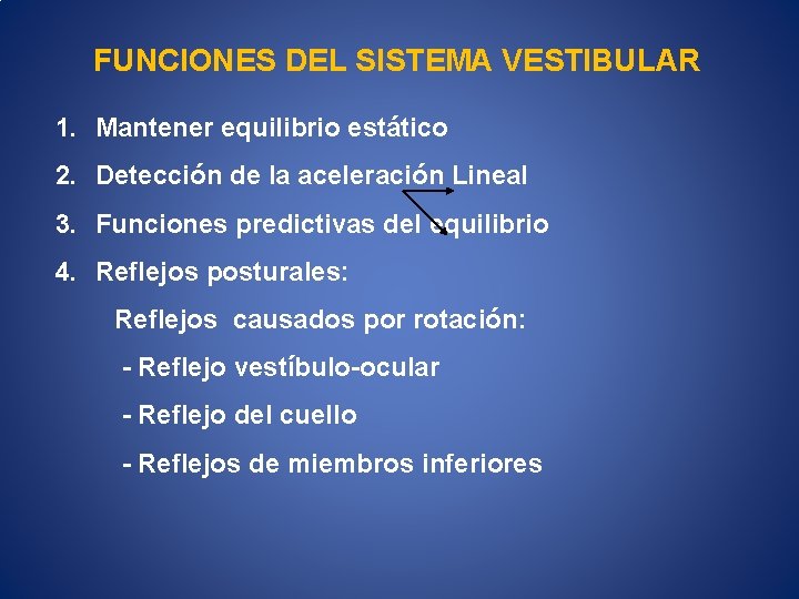 FUNCIONES DEL SISTEMA VESTIBULAR 1. Mantener equilibrio estático 2. Detección de la aceleración Lineal
