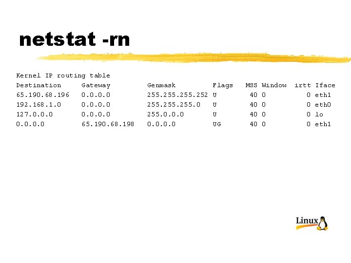 netstat -rn Kernel IP routing table Destination Gateway 65. 190. 68. 196 0. 0