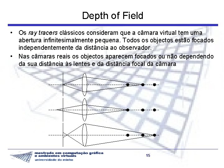 Depth of Field • Os ray tracers clássicos consideram que a câmara virtual tem