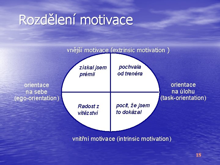 Rozdělení motivace vnější motivace (extrinsic motivation ) získal jsem prémii orientace na sebe (ego-orientation)