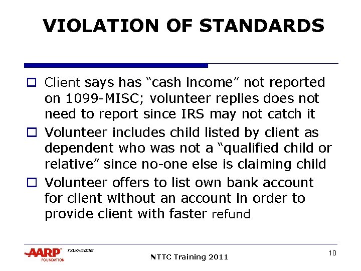 VIOLATION OF STANDARDS o Client says has “cash income” not reported on 1099 -MISC;