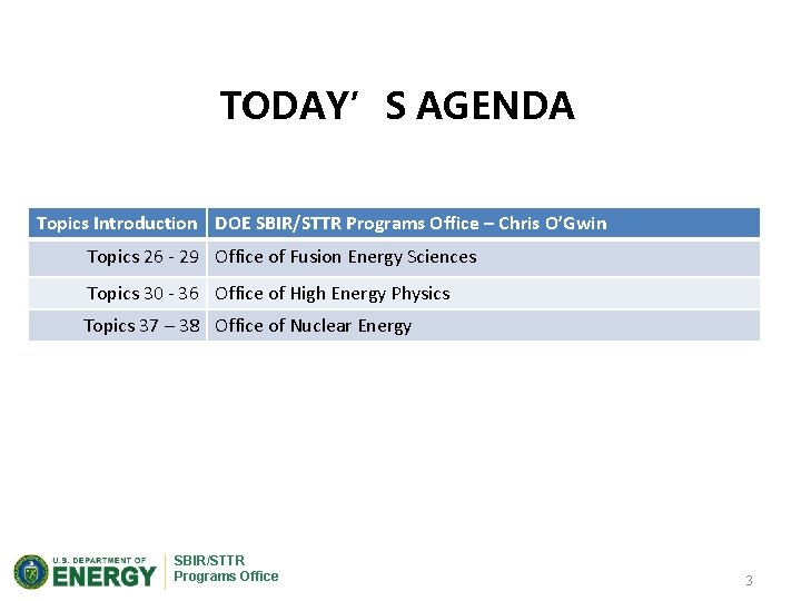 TODAY’S AGENDA Topics Introduction DOE SBIR/STTR Programs Office – Chris O’Gwin Topics 26 -