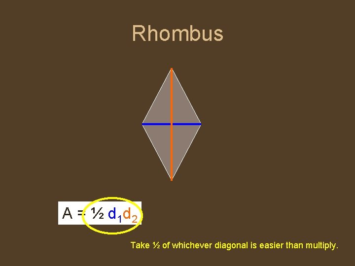 Rhombus A = ½ d 1 d 2 Take ½ of whichever diagonal is