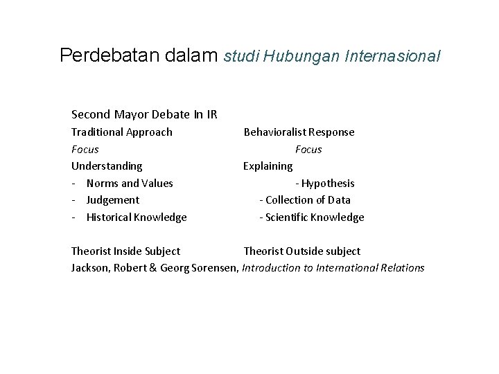 Perdebatan dalam studi Hubungan Internasional Second Mayor Debate In IR Traditional Approach Focus Understanding