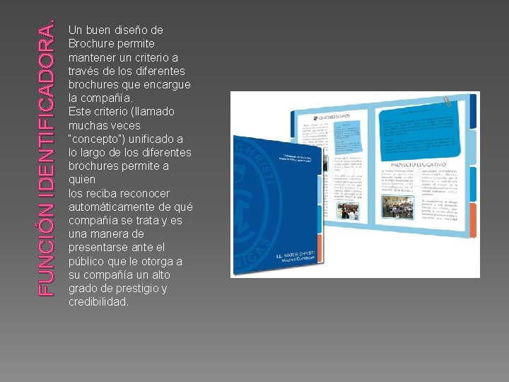 FUNCIÓN IDENTIFICADORA. Un buen diseño de Brochure permite mantener un criterio a través de