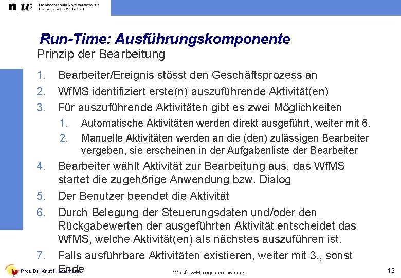 Run-Time: Ausführungskomponente Prinzip der Bearbeitung 1. 2. 3. Bearbeiter/Ereignis stösst den Geschäftsprozess an Wf.