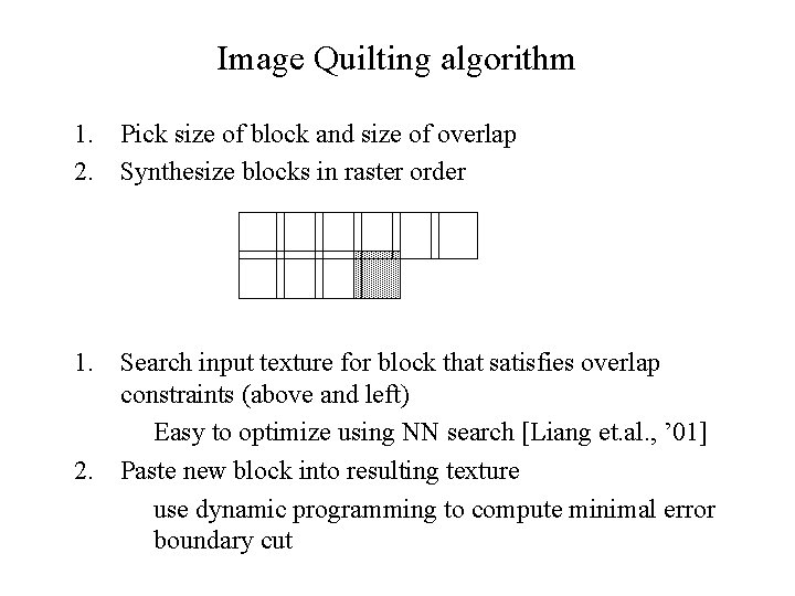 Image Quilting algorithm 1. Pick size of block and size of overlap 2. Synthesize