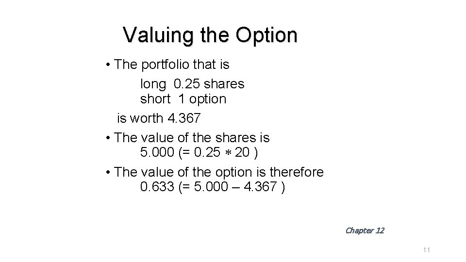 Valuing the Option • The portfolio that is long 0. 25 shares short 1