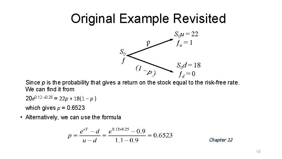 Original Example Revisited p S 0 ƒ (1 – p) S 0 u =