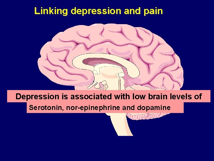 Linking depression and pain Depression is associated with low brain levels of monoamines Serotonin,
