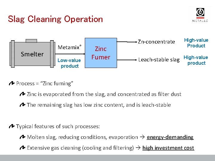 Slag Cleaning Operation Smelter Metamix® Low-value product Zinc Fumer Zn-concentrate High-value Product Leach-stable slag Slag Cleaning Operation Smelter Metamix® Low-value product Zinc Fumer Zn-concentrate High-value Product Leach-stable slag